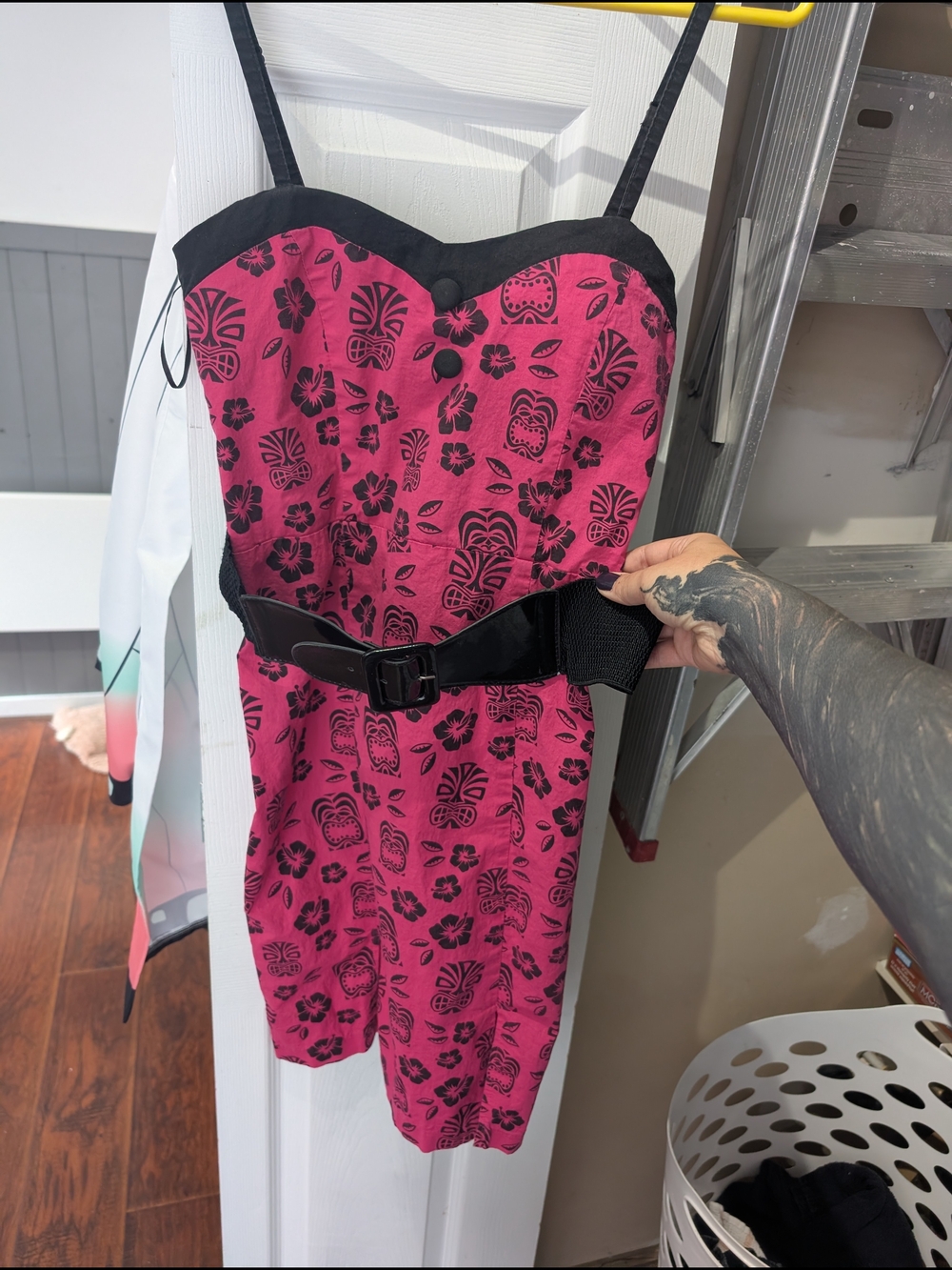 Sourpuss Pink and Black Floral Print Strapless One-Piece with Belt
